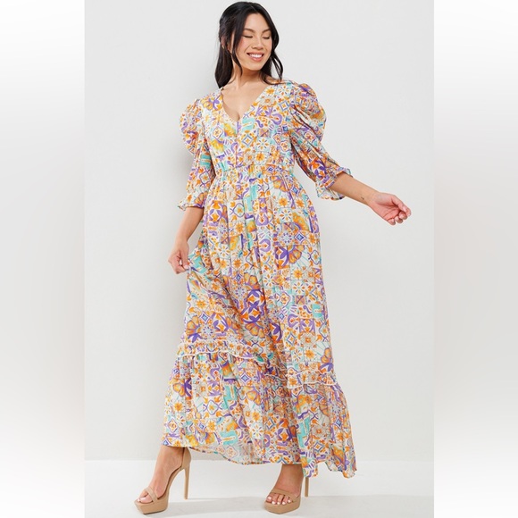 73 Boho Back Tie Detailed V-Neck Tiered Maxi Dress - Picture 4 of 7